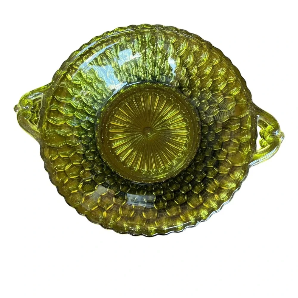 Vintage Green Pressed Glass Bowls Set of 4 Diamond Point Scalloped Edge Handles